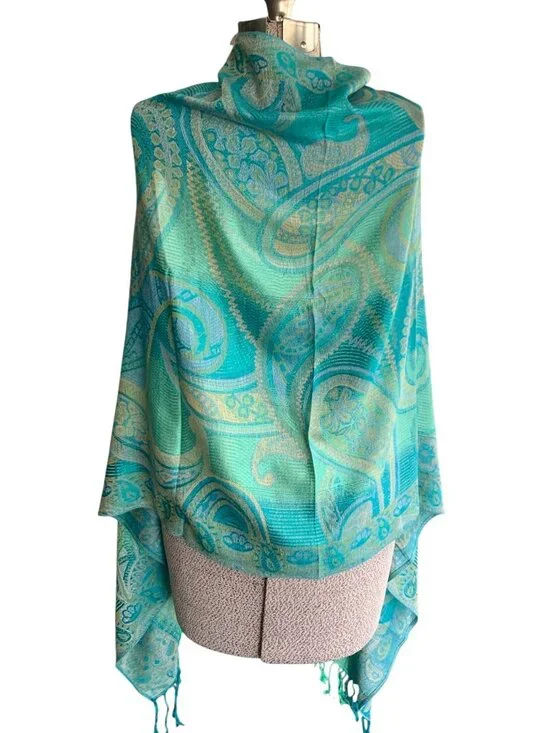 Pashmina Wrap Shawl Scarf Blue Green Paisley Fashion Scarf Reversible - Picture 3 of 7